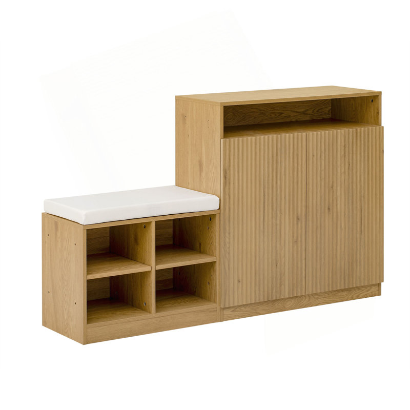 Armoire de salon U_Style avec banc à chaussures, 2 portes et 3 tablettes réglables à 3 niveaux, banc d'entrée avec 4 étagères à chaussures ouvertes et coussin amovible, console de rangement avec porte à lattes ondulées et crochets