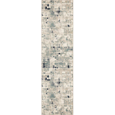 8' Blue And Beige Abstract Dhurrie Runner Rug
