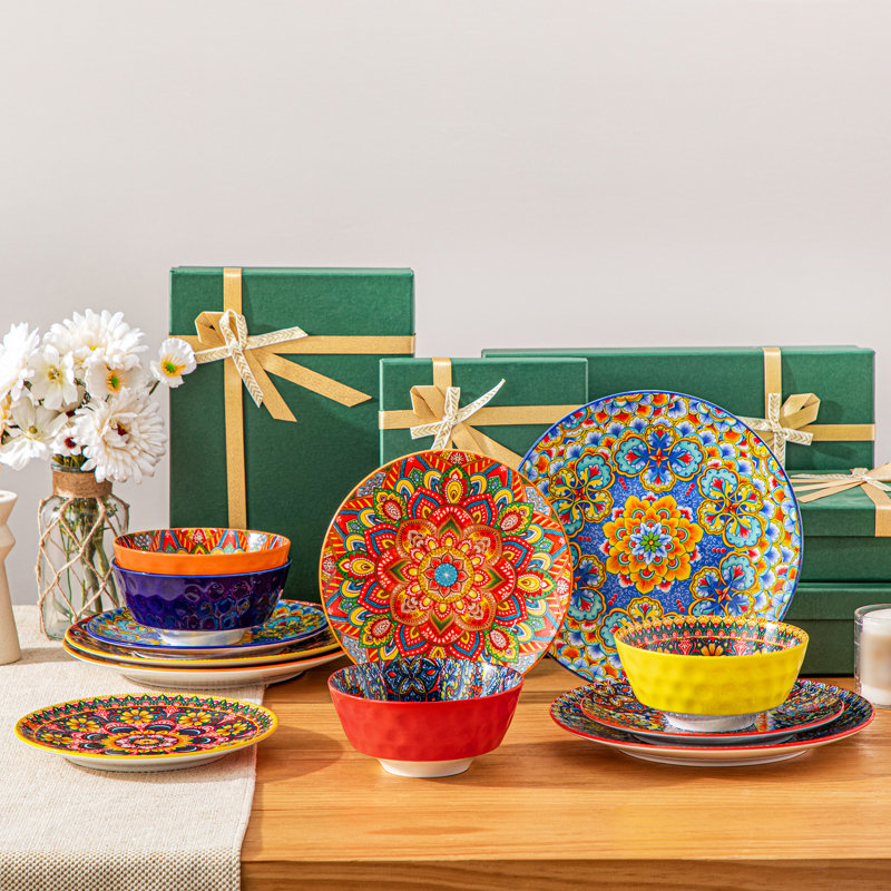 Service de table 12 pièces pour 4 personnes Boho Chic, 12 impressions assorties, assiettes et bols en céramique colorée, vaisselle Mix and Match
