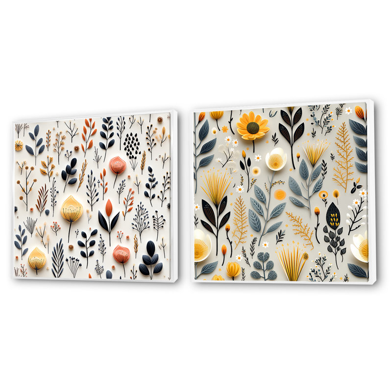 Bedard - Ensemble de 2 collages carrés botaniques abstraits, Cadre flottant blanc, H 16 po x l 33 po