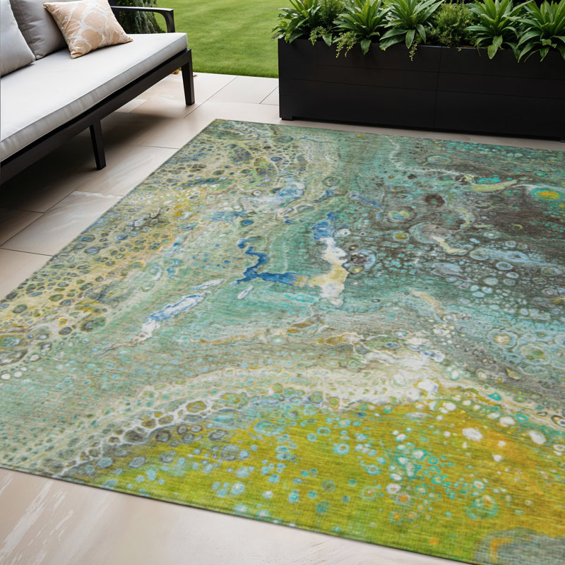 Tapis d'extérieur lavable bleu sarcelle et vert abstrait 5 pi x 8 pi HomeRoots