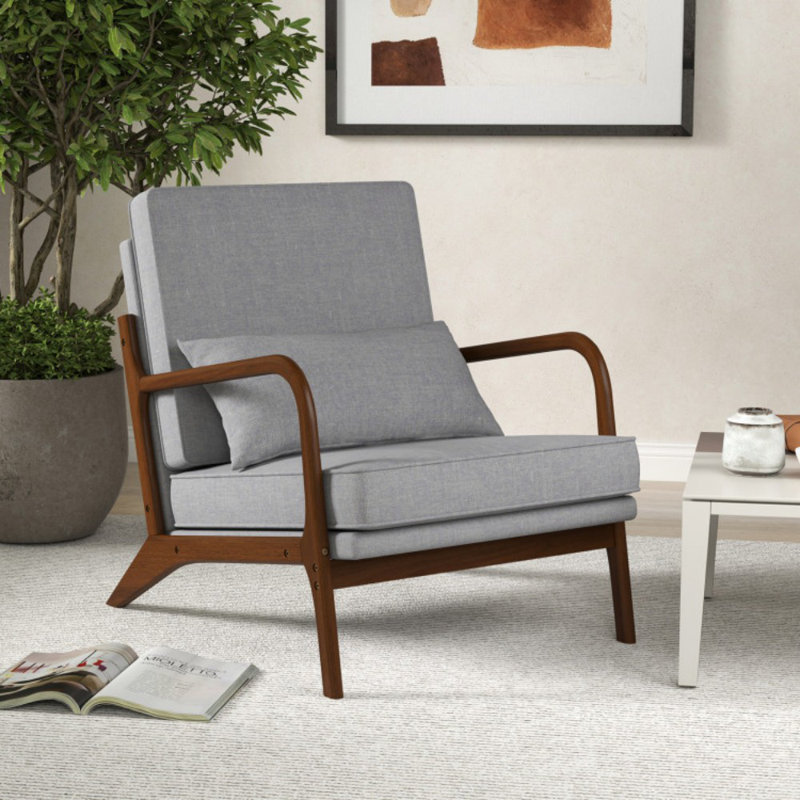 Chaise d'appoint rembourrée avec accoudoirs et pieds en bois d'hévéa Modern, Mélange de polyester gris
