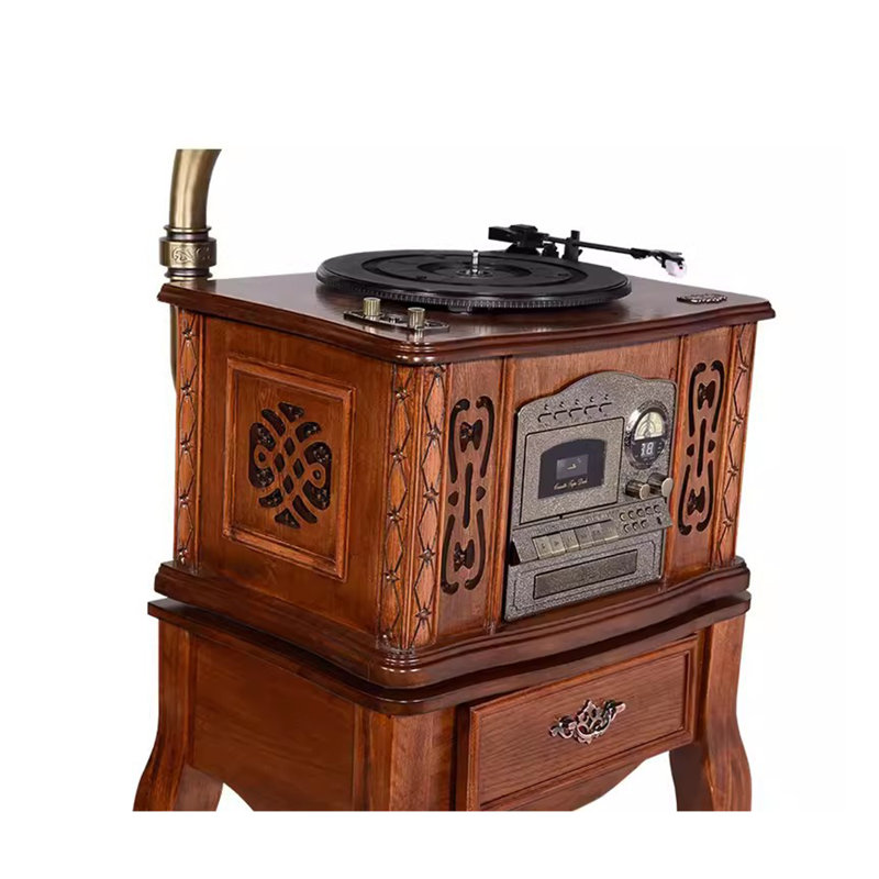Vintage Solid Wood Gramophone with Antique Brass Horn & Bluetooth Stereo System