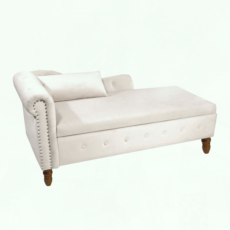 Chaise longue en velours avec rangement, coussin et garniture cloutée, Beige