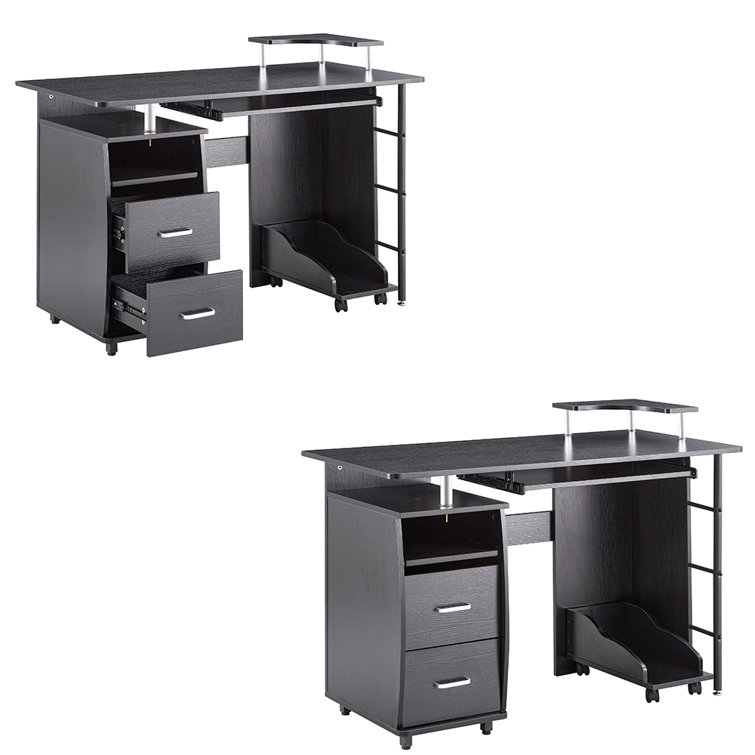 Modern Solid Wood Computer Desks Office Table with PC Droller Storage Shelves and File Cabinet Small Study Writing Desk - Black