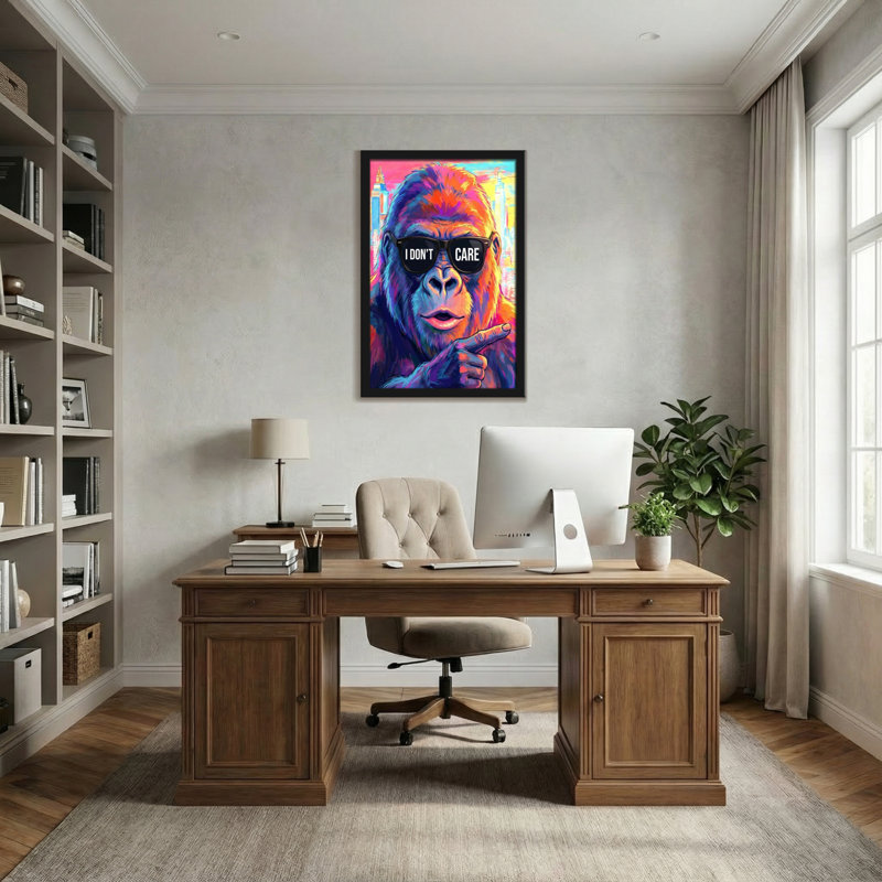 Animaux, gorille coloré portant des lunettes de soleil avec texte «I Don't Care» pointant le doigt, H 30 po x l 20 po