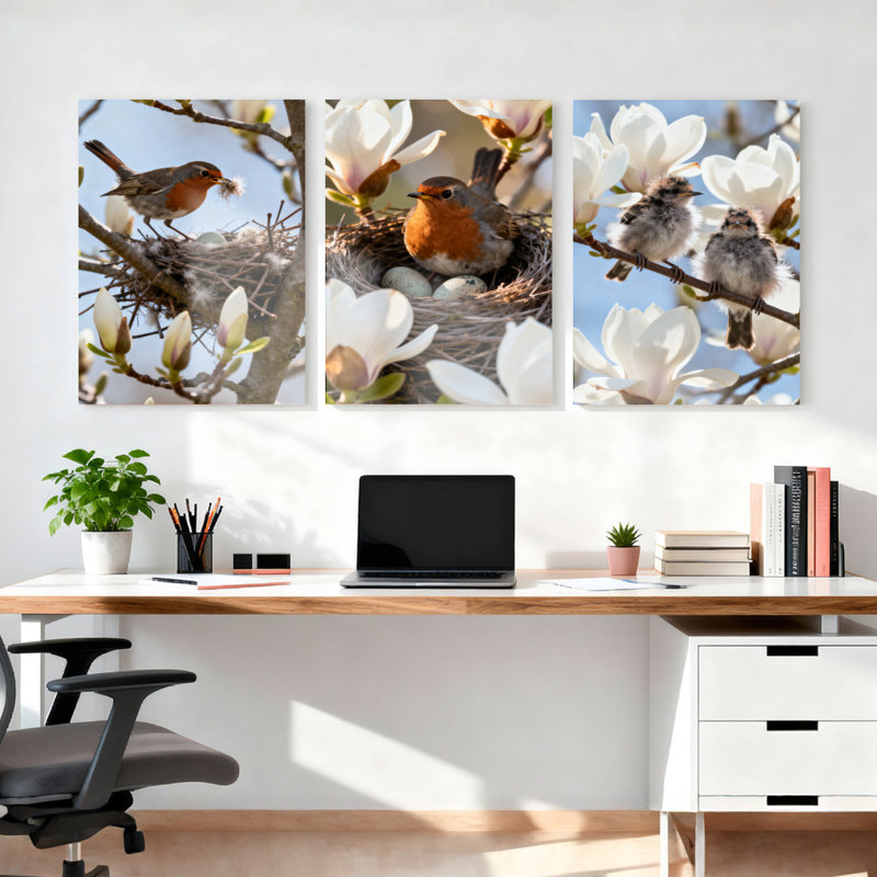 Ensemble de 3 tableaux sur toile tendue représentant un nid de rouge-gorge avec des fleurs de magnolia, H 36 po x l 72 po