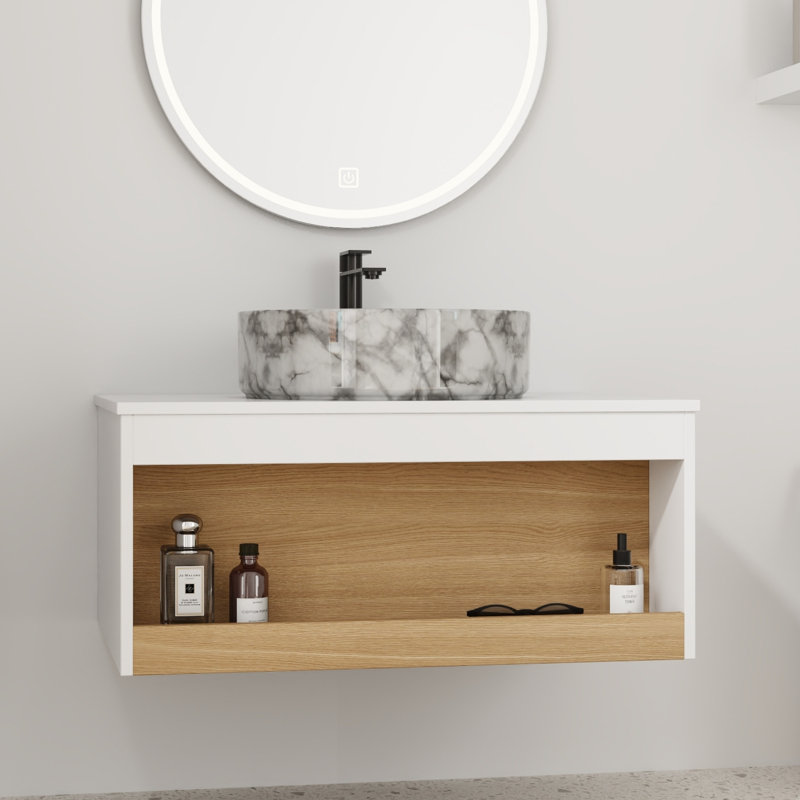 Ensemble de meuble-lavabo flottant 30 po - Design mural peu encombrant avec vasque, White with grey patterns