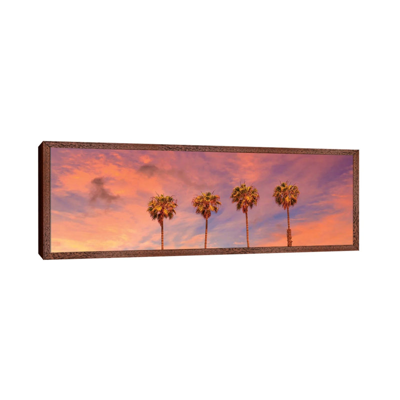 Palm Trees Sunset by Melanie Viola - Panoramic Print on Canvas, Classic Brown Wood Framed, 30.48cm H x 91.44cm W x 3.81cm D