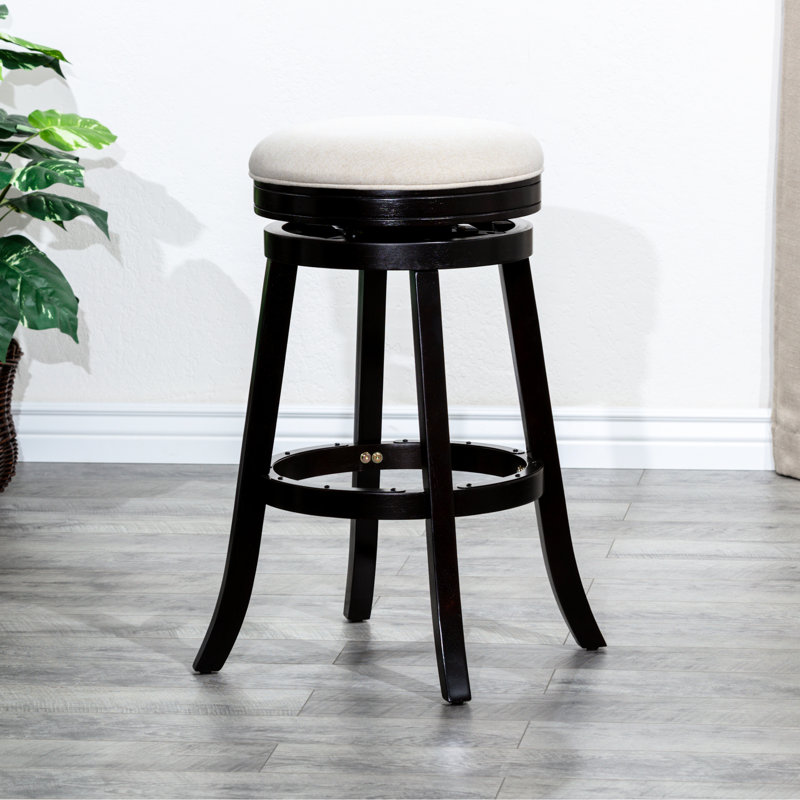 Tabouret de bar 30 po avec finition, revêtement en tissu beige relaxant, tabouret pivotant fonctionnel, coussin de siège, base en bois franc stable, liberté de mouvement à 360 degrés