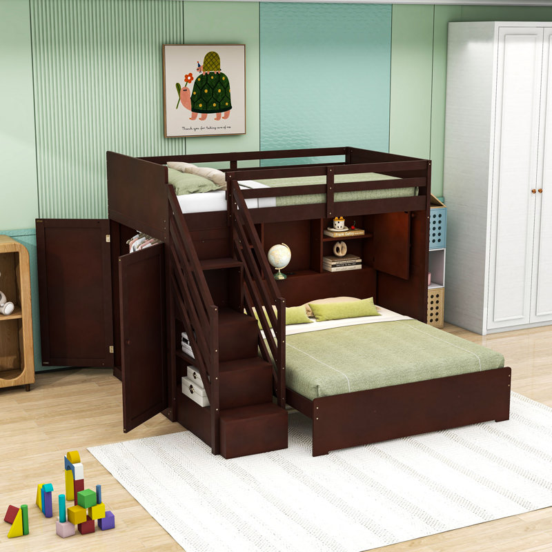 Bunk Bed with Wardrobe,USB and Lights, Espresso