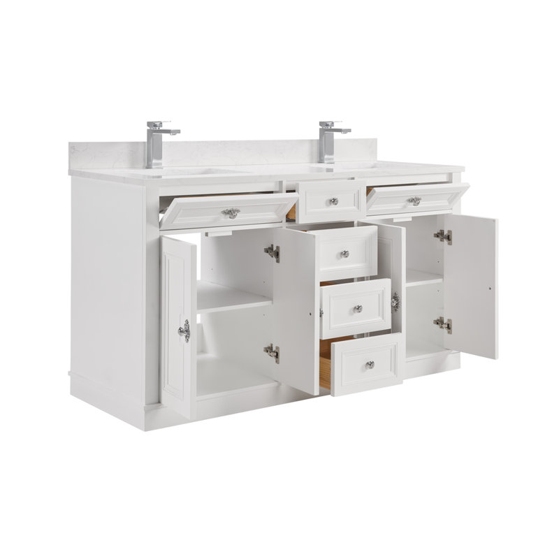 60" Solid Wood Sink Vanity With 1" Artificial Stone Top, Polished Chrome, White