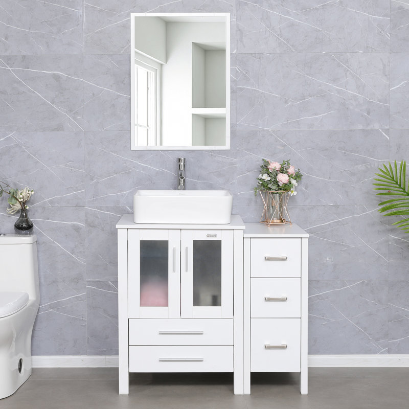 3 combo 36" Single Bathroom Vanity Set with Vessel Sink, Faucet, Drain, White