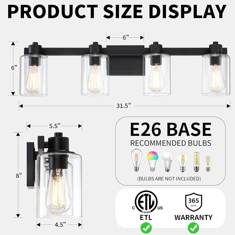 31.5 Inch 4-Light Bathroom Vanity Light Fixture, Farmhouse Wall Sconce With Clear Glass Shades For Mirror Lighting In Bathroom, Living Room, Hallway
