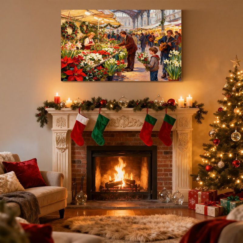 «Christmas Flower Market Christmas Scene with Music», ensemble de 3 impressions sur toile, H 16 po x l 24 po