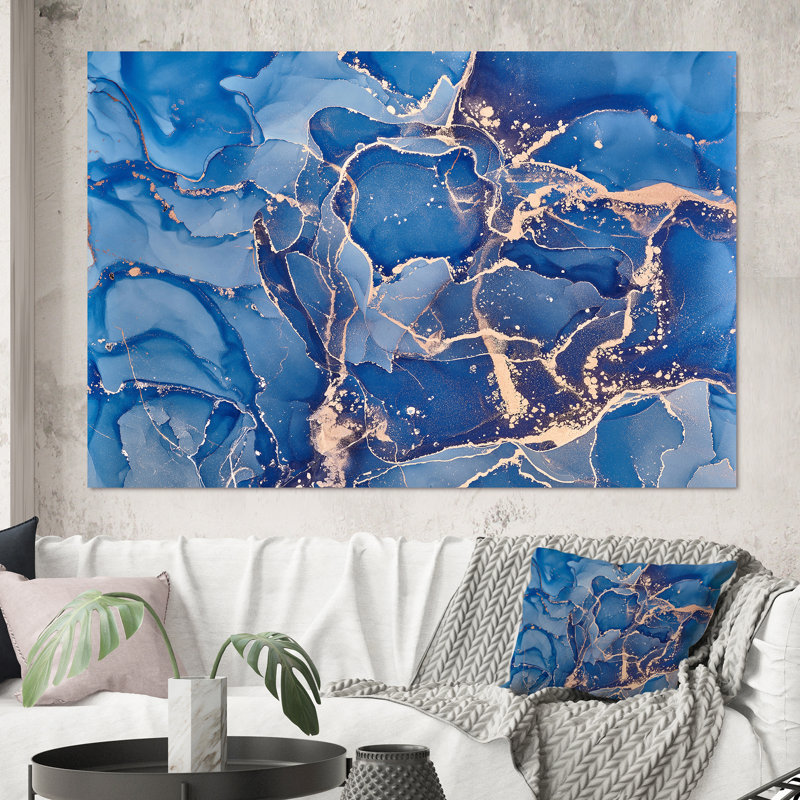 Art liquide bleu avec veines dorées I - peinture sur toile, H 40 po x l 60 po, Toile tendue