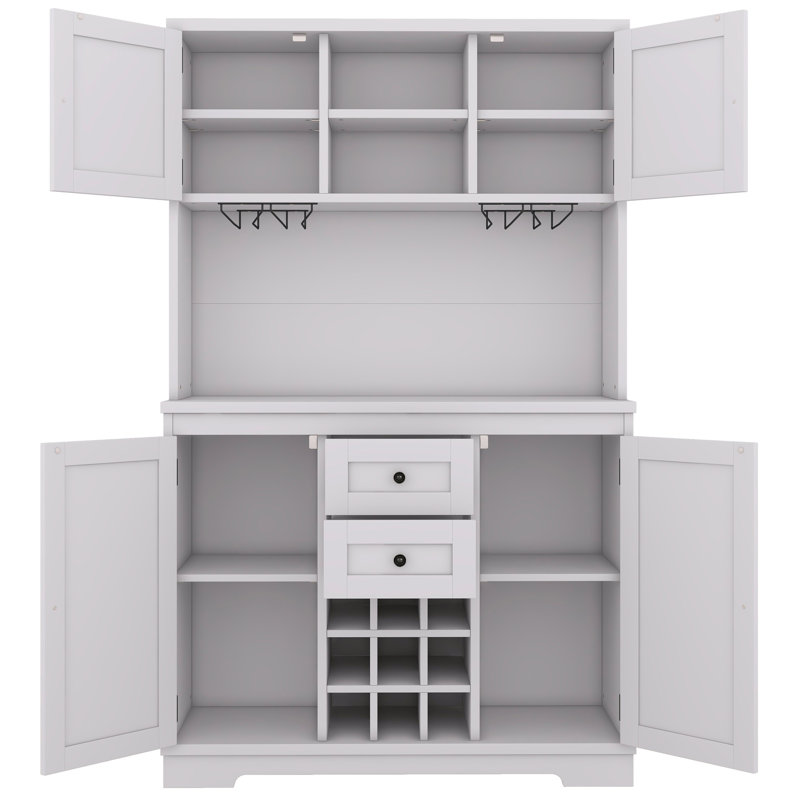 Armoire de cuisine avec tablettes de rangement et de tiroir, armoire de buffet avec support à vin et verre, chêne brun, Blanc