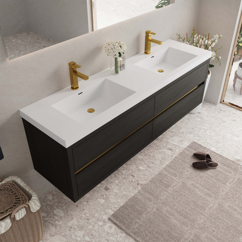 Meuble-lavabo mural avec lavabo, armoire de rangement flottante avec comptoir et tiroirs à fermeture en douceur, idéal pour l'organisation de la salle de bain