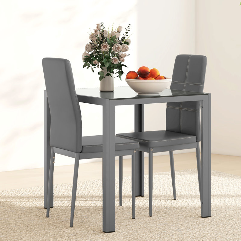 Table de cuisine rectangulaire en verre avec chaises, ensemble pour 2, Noir, noir, noir, noir
