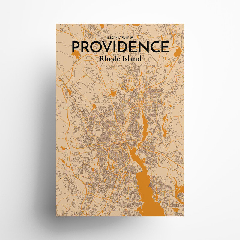 Providence, carte de la ville, impression, Orange / or pâle, H 36 po x l 24 po