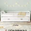 Daybed With Extendable Single To Double Bed, Rolling Trundle & 2 MDF Drawers – Solid Wood Frame, White-1695416462