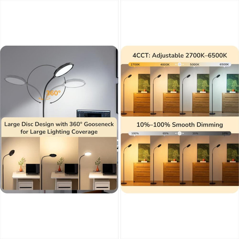 Lampe sur pied à DEL avec télécommande, lampe sur pied à intensité variable de 1300LM avec 4 températures de couleur, col de cygne réglable pour la lecture dans le salon, la chambre à coucher ou le bureau à domicile