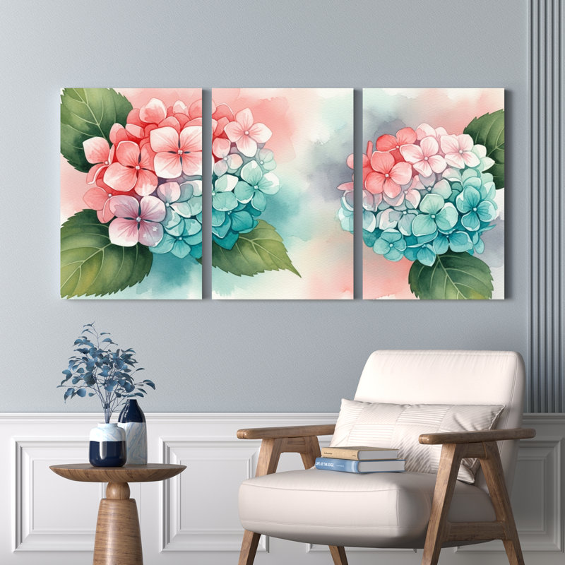 «Hydrangea», impression sur toile tendue à l'aquarelle sur toile, ensemble de 3, H 18 po x l 36 po