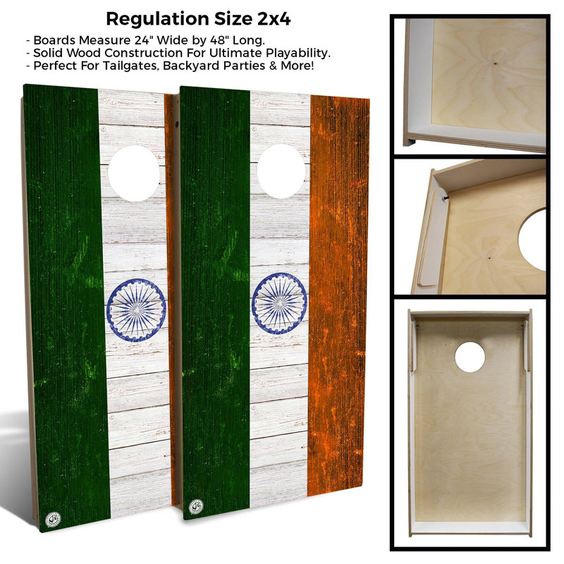 Ensemble de 2 panneaux de cornhole à thème drapeau 2 pi x 4 pi avec étui et lumières, Vert/orange, Inde