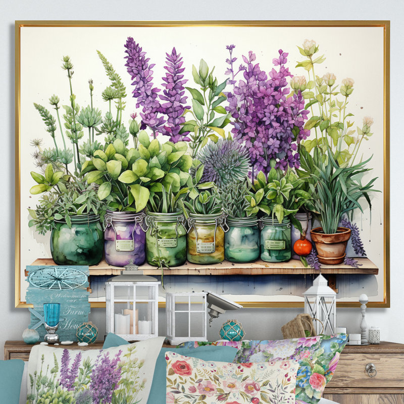 Décoration murale Herbes mauves, herbes vertes et herbes, H 12 po x l 20 po x P 1 po, Cadre flottant doré