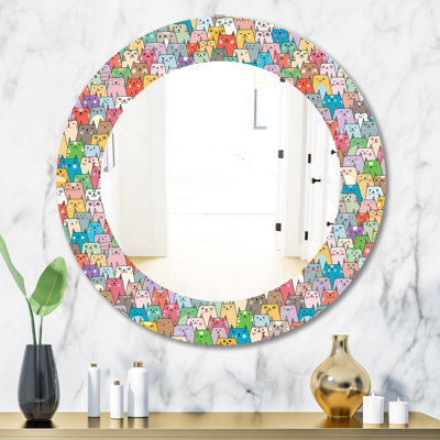 Funny Cat Heads Wall Mirror, Printed Modern Oval/Round - Funny Cat'S Heads Pattern