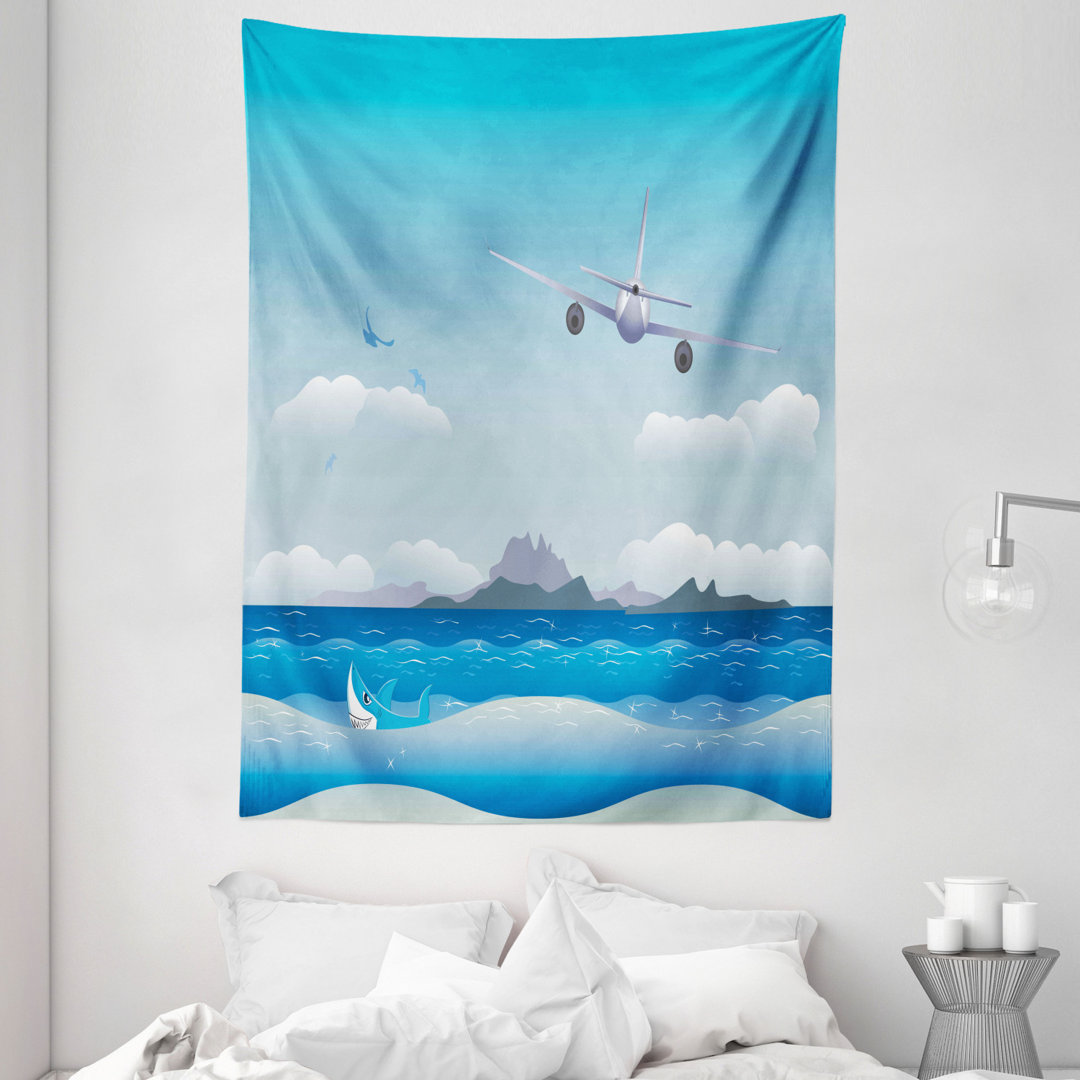 Wandbehang Cartoon Seascape Komposition Flugzeug fliegt über Ozean mit Hai