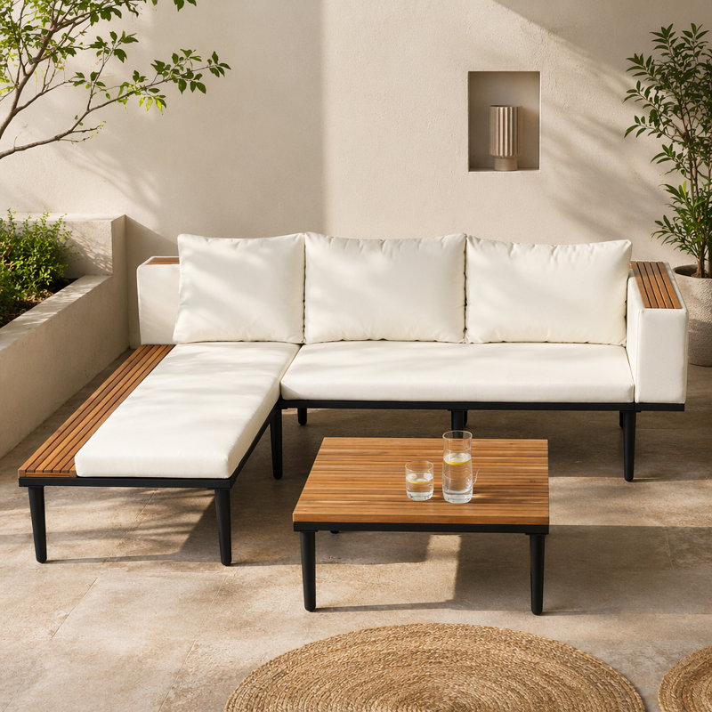 Ensemble de meubles de patio de luxe avec coussins amovibles et table basse, canapé en bois d'acacia en forme de L avec table d'appoint, canapé modulaire d'extérieur pour la cour, véranda, beige