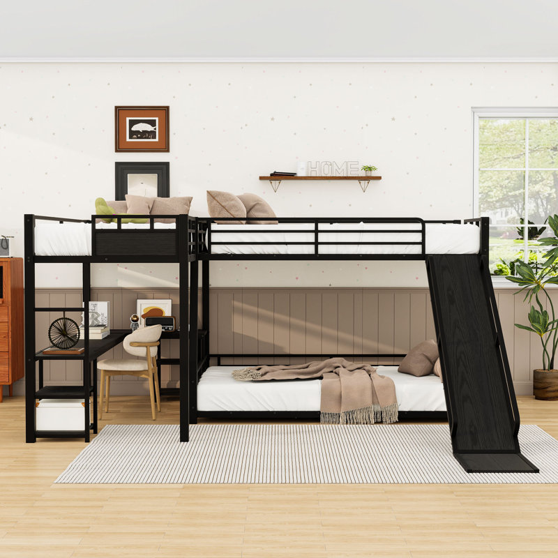 Metal L-Shaped Bunk Bed With Built-In Desk And Slide And Shelves, Twin XL And Full XL Over Queen