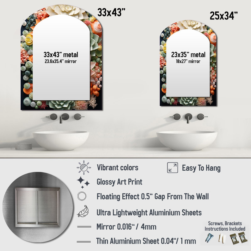 Orange Pink Succulents Flowers III - Succulent Asymmetrical Mirror, Orange Unique Shape Unique Wall Mirror, Printed Metal Art