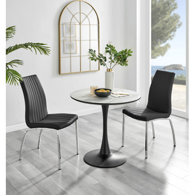 Elina White Marble Effect Melamine Round 80cm Dining Table and 2 Faux Leather Dining Chairs