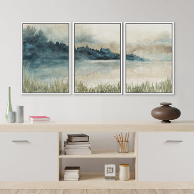"Dusk Hues, aquarelle abstraite, paysage paisible, lac, nature sauvage, illustrations, décor moderne", 3 pièces
