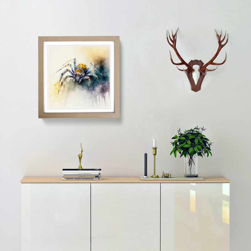 Spider Watercolour - Single Picture Frame Print on Wood, Oak
