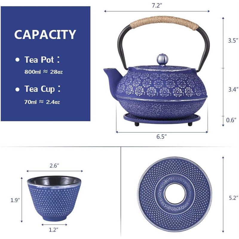 Blue floral cast iron teapot set