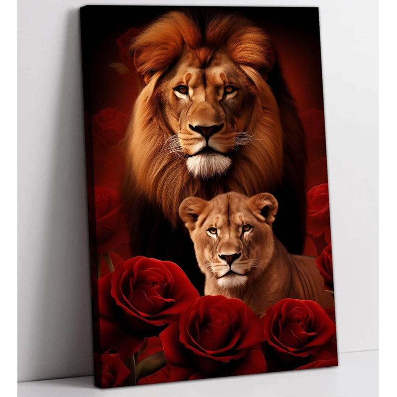 Lion Canvas Wall Art Lion And Lioness Decor Rose Flower Picture Animal Painting Contemporary Artwork, 45 cm H x 30 cm W
