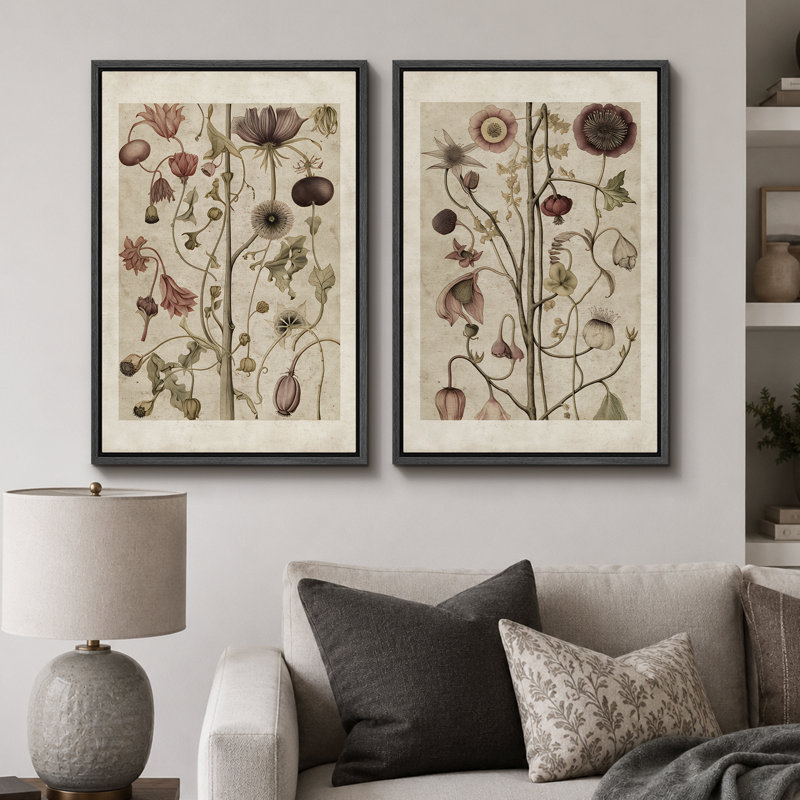 Abstrait botanique, "plante florale classique, photos murales de cuisine neutres rétro, impression sur toile encadrée 2 pièces"