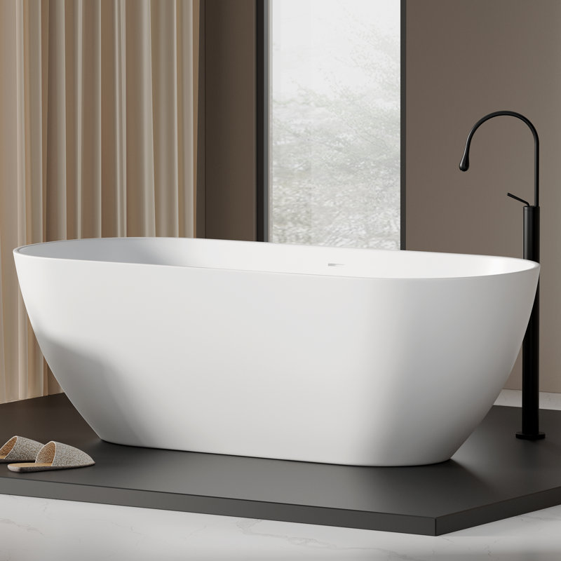 KAKUSIGA 63 inch Freestanding Tub Solid Surface Stone Resin Soaking Bathtub
