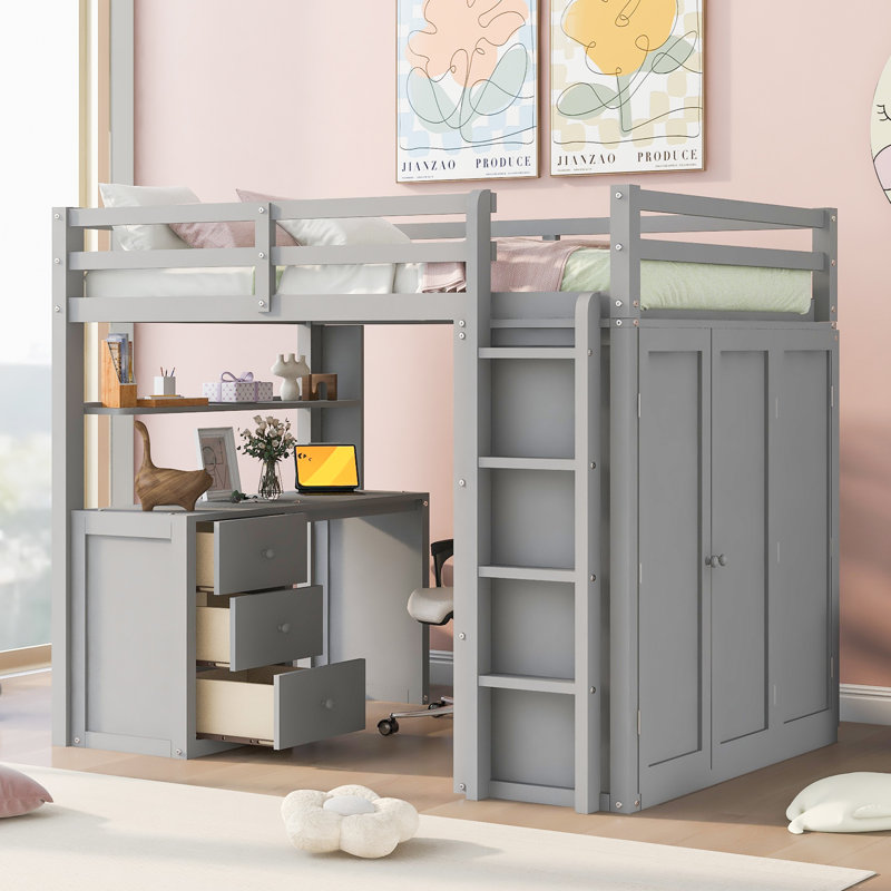 Lit mezzanine 3 tiroirs Falishia par Harriet Bee, Double, gris