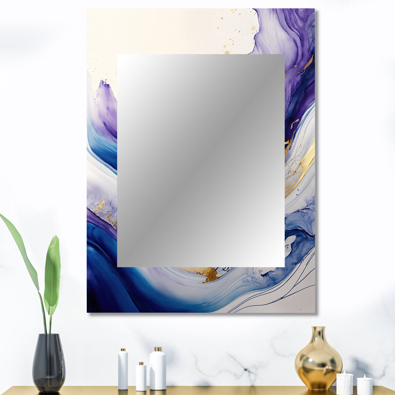 Blue, Gold And Purple Splash Paint I - Abstract Spirals Wall Mirror, Blue Decorative Mirror, Printed Metal Art, 40" x 30"