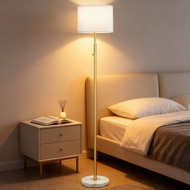 Lampe sur pied à intensité variable de 63,7 po avec base en marbre blanc et abat-jour en lin, lampe sur pied moderne avec mât doré pour le salon, le bureau et la chambre à coucher, comprend une ampoule DEL de 9 W