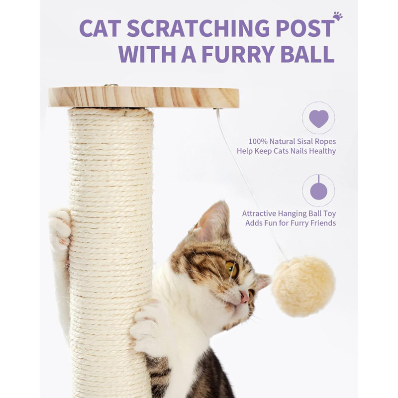 Cat Scratching Post Cat Scratcher Kitten Toys For Indoor Cats Wooden Ball Track Two-Layer Modern Sisal 17.7" Tall Scratch Post Interactive Toy With Dangling Ball