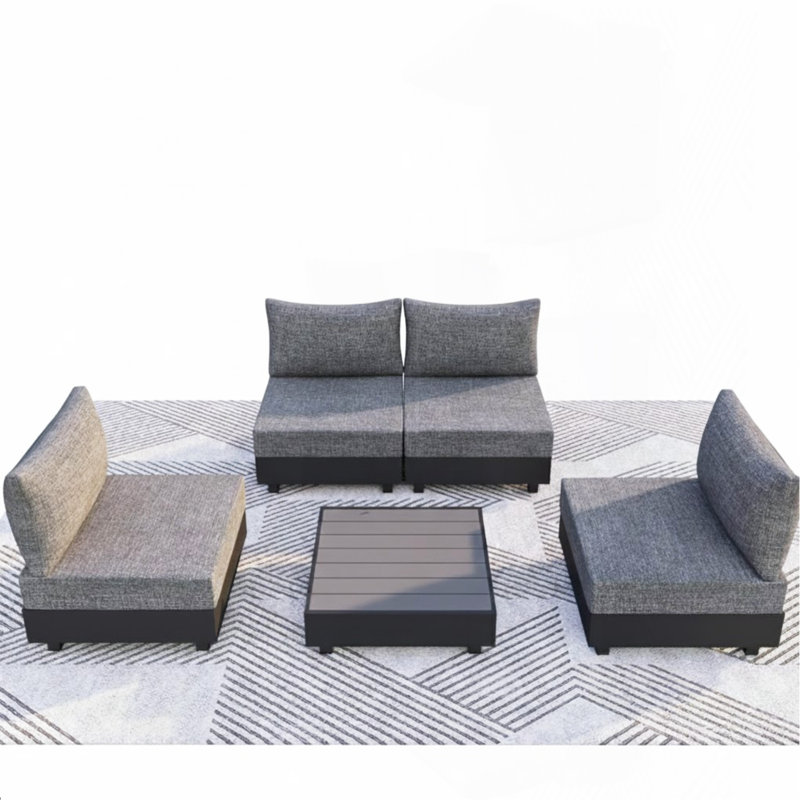 Ensemble modulaire de patio 5 pièces en aluminium gris avec chaises modulaires et table basse