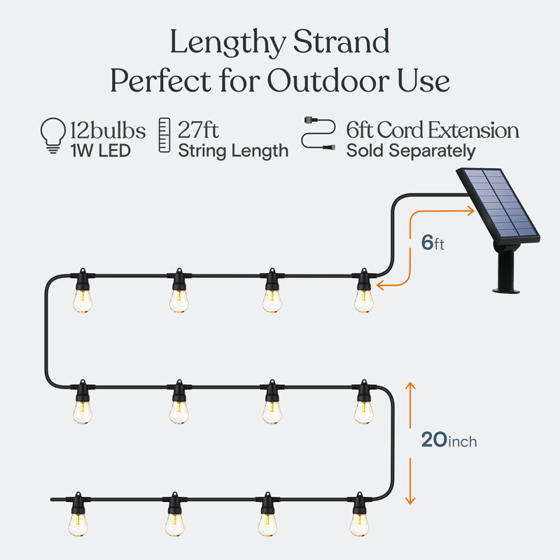 Ambience Pro 27 Ft. Outdoor Solar LED 1-Watt String Lights In Warm White With 15 Hooks