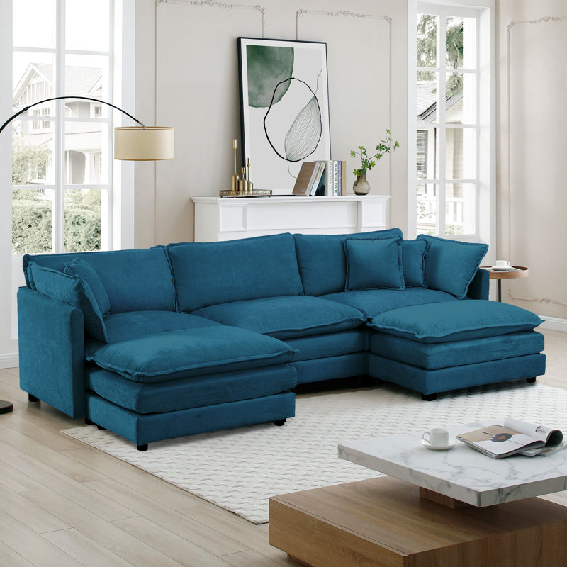Canapé en chenille 4 pièces avec canapé et repose-pieds pour salon , H 33 po x l 111 po x P 35 po, Chenille bleu