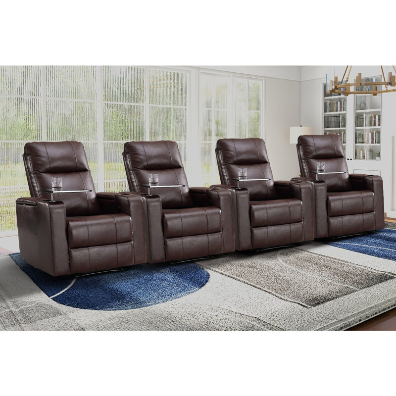 33.1'' Wide Modern Faux Leather Power Reclining Home Theater Individual Seat with Cup Holders (Set of 4), Brown