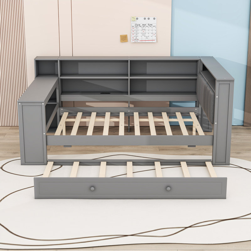 Daybed with Storage Shelves, Twin Trundle, LED Light, Desk, Gray, Full/Double
